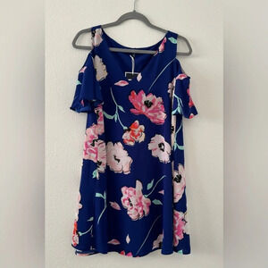 NWT Kaari Blue size S blue pink grey floral cold shoulder A-line dress V Neck